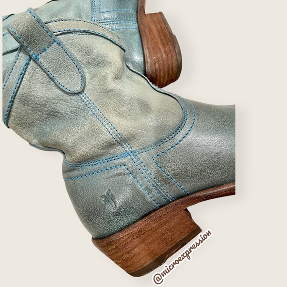RARE Frye Carson Pull On Blue Leather Southern/Western Low Heel Cowgirl Boots - Picture 5 of 8